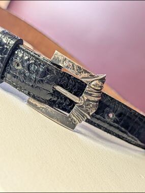 KIESELSTEIN-CORD Sterling Silver VTG Buckle Black Alligator Leather Strap Belt L
